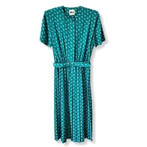 VTG 80s Leslie Fay Teal Print Midi Shirt Dress M Belt Pleat Skirt Retro Career